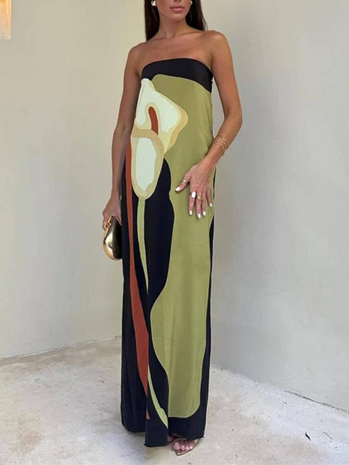 Off-shoulder Maxi-jurk met Contrastprint