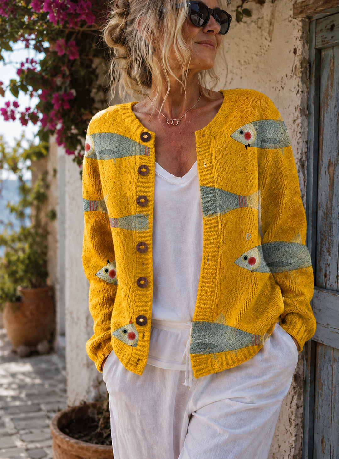 Vest Dames met Print – Gebreide Cardigan met Knopen