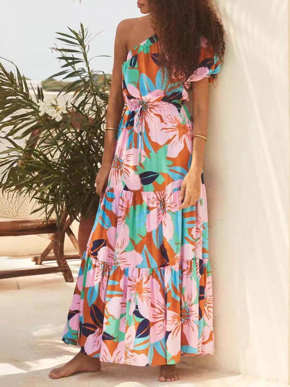 Off-shoulder Jurk met Palmbladprint