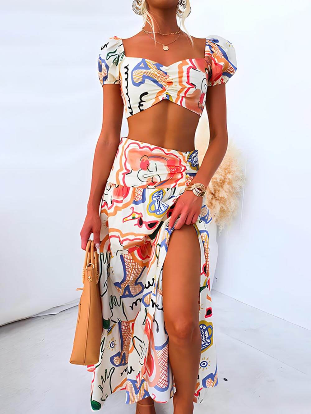 Tweedelige Set — Top & Wikkelrok met Print