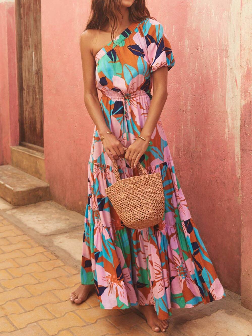 Off-shoulder Jurk met Palmbladprint