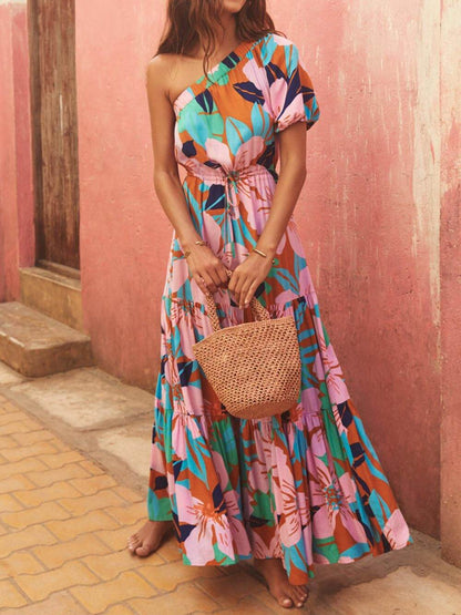 Off-shoulder Jurk met Palmbladprint