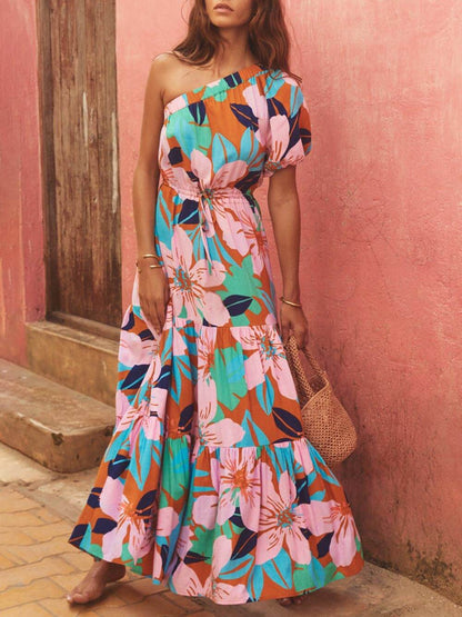 Off-shoulder Jurk met Palmbladprint