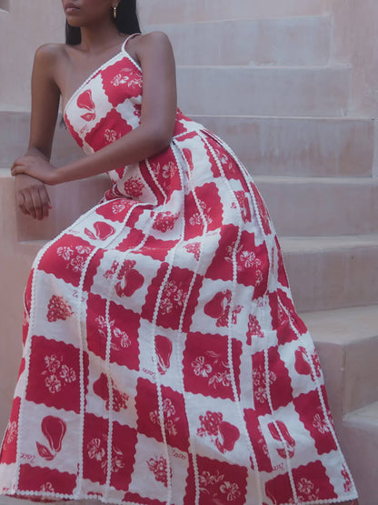 One-Shoulder Maxi-jurk met Bloementrim