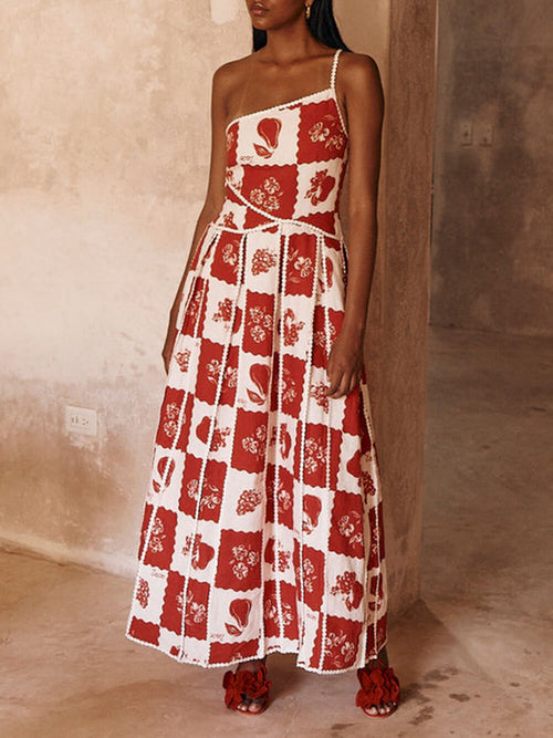 One-Shoulder Maxi-jurk met Bloementrim