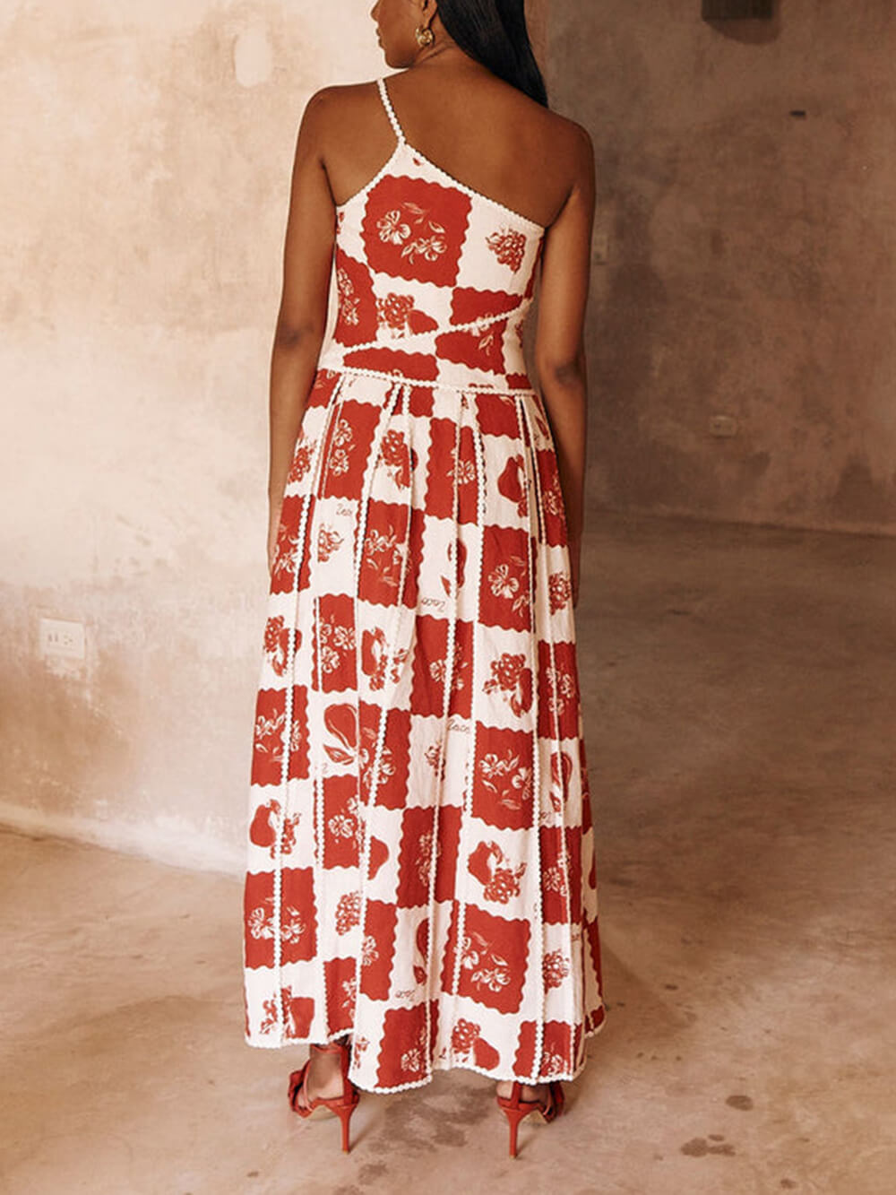 One-Shoulder Maxi-jurk met Bloementrim