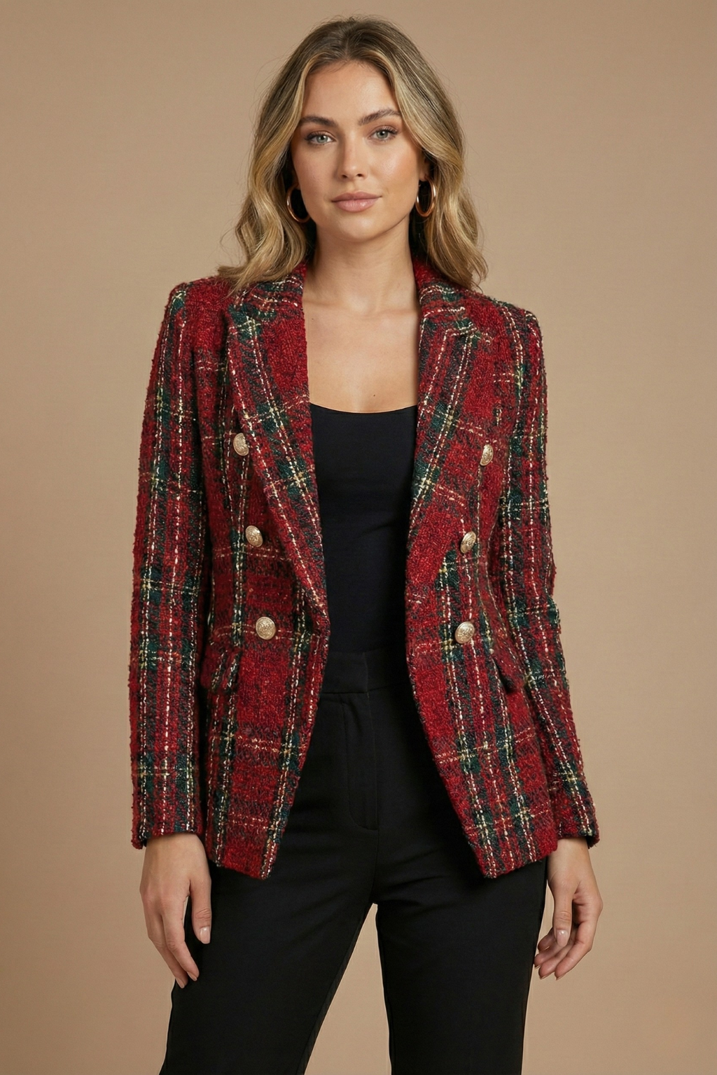 Elegant Notch Lapel Blazer for Women with Long Sleeve Button Front Tweed
