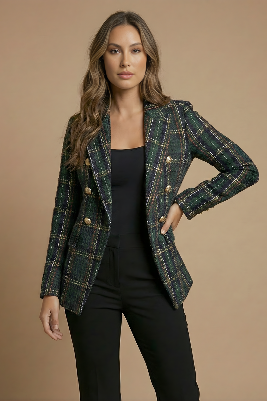 Elegant Notch Lapel Blazer for Women with Long Sleeve Button Front Tweed