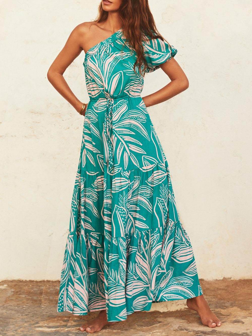 Off-shoulder Jurk met Palmbladprint