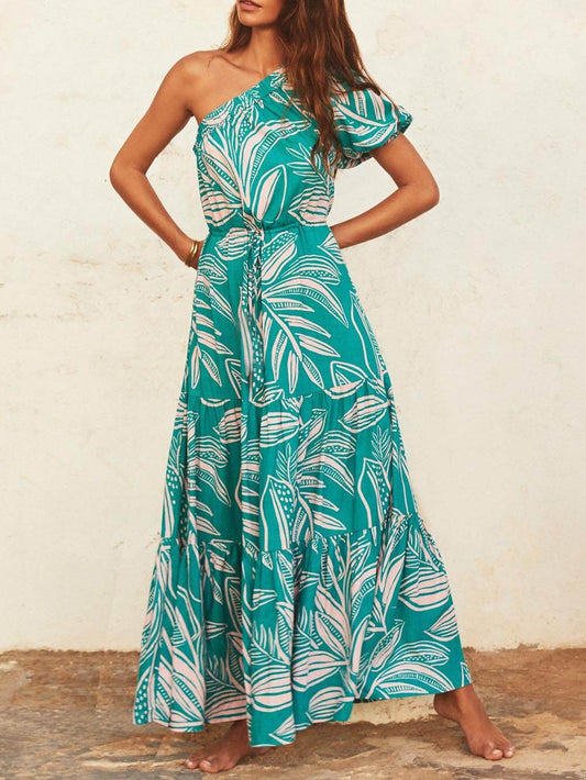 Off-shoulder Jurk met Palmbladprint