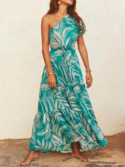 Off-shoulder Jurk met Palmbladprint