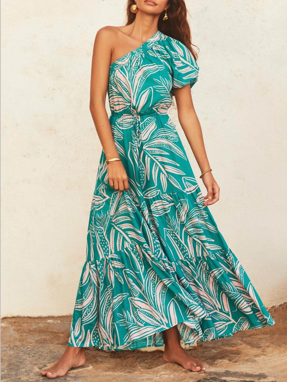 Off-shoulder Jurk met Palmbladprint