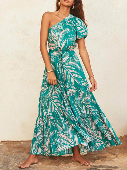 Off-shoulder Jurk met Palmbladprint
