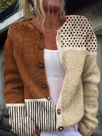 Vest Dames met Stippen – Gebreid Polkadot Vest met Knopen, Zachte Cardigan met Lange Mouwen