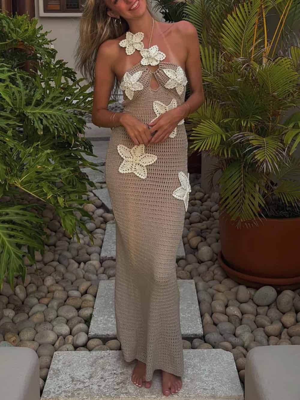 Gehaakte Maxi-jurk met 3D-bloemen