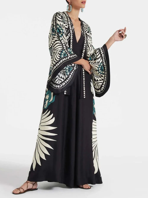 Maxi-jurk met Bloemenprint en Waterval-mouwen