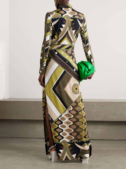 Maxi-jurk met Abstracte Retroprint en Lange Mouwen