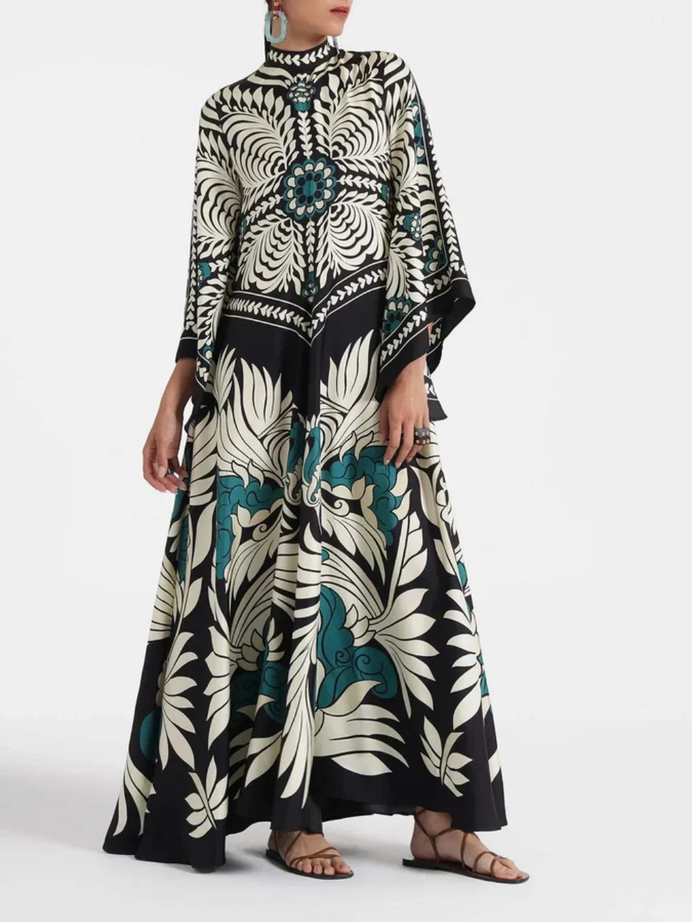 Maxi-jurk met Bloemenprint en Waterval-mouwen