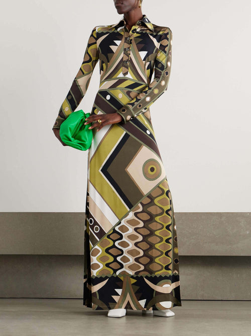Maxi-jurk met Abstracte Retroprint en Lange Mouwen