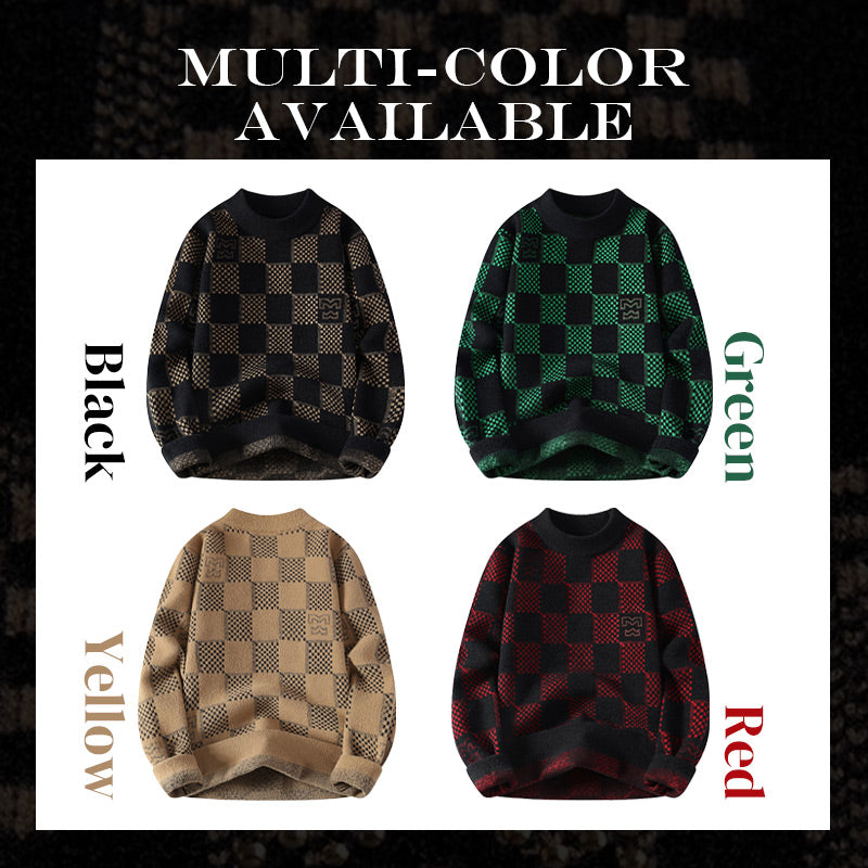 Men‘s Checkered Printed Mock Neck Thickened Pullover Sweater