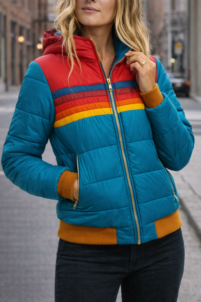 Gewatteerde Jas Dames Retro – Doorgestikte Jas met Rits & Streepdetail