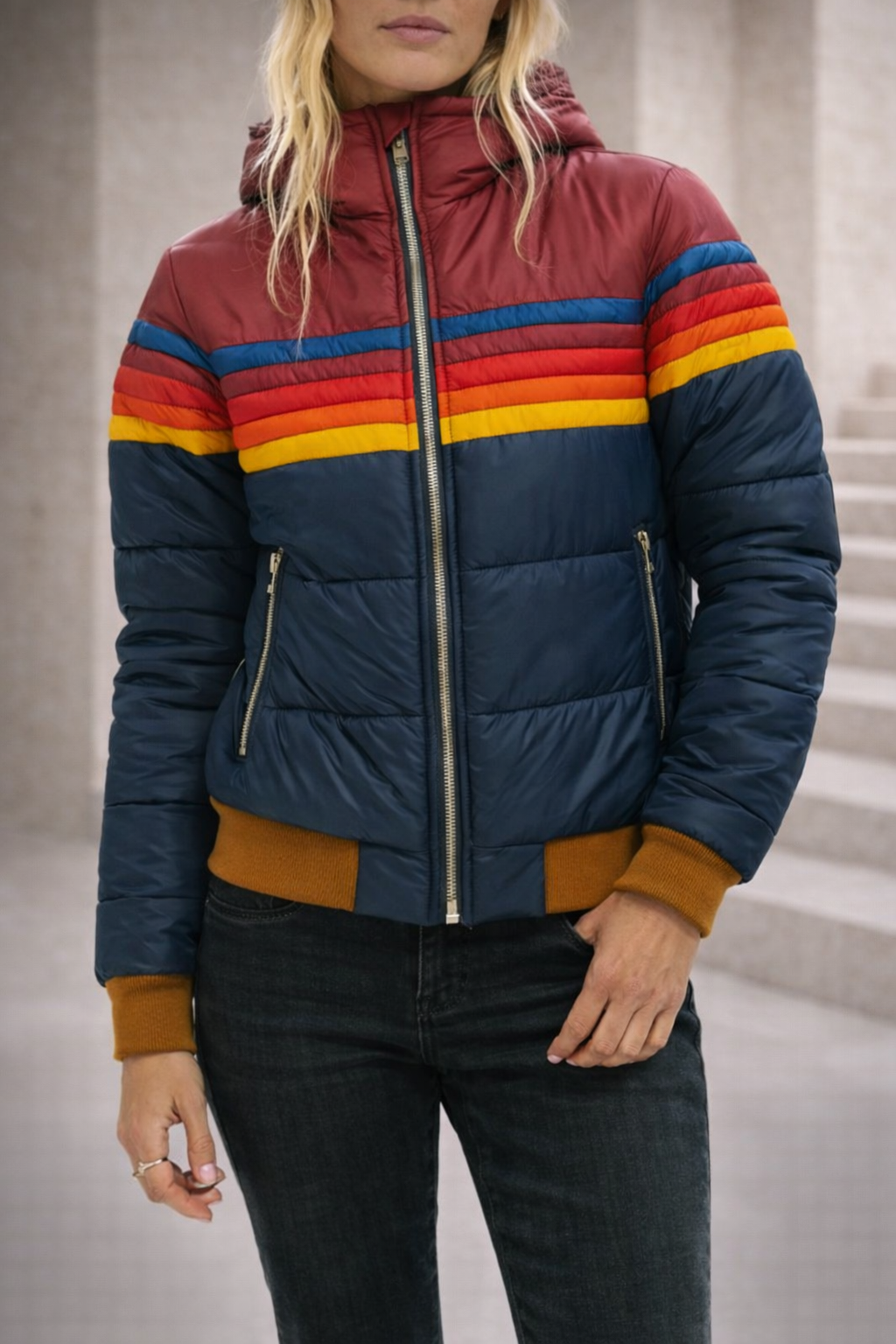 Gewatteerde Jas Dames Retro – Doorgestikte Jas met Rits & Streepdetail