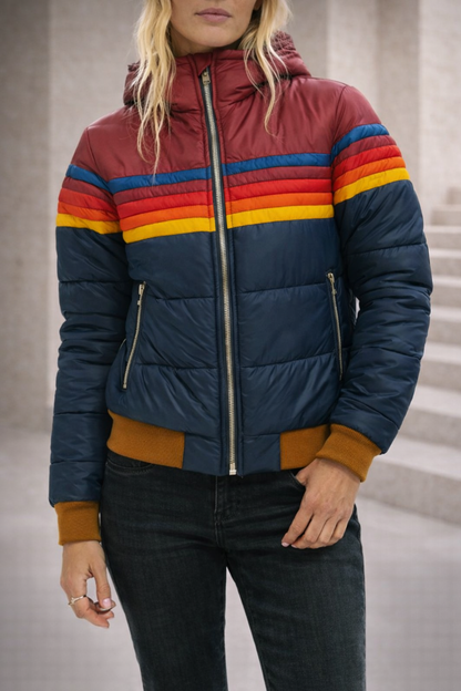 Gewatteerde Jas Dames Retro – Doorgestikte Jas met Rits & Streepdetail