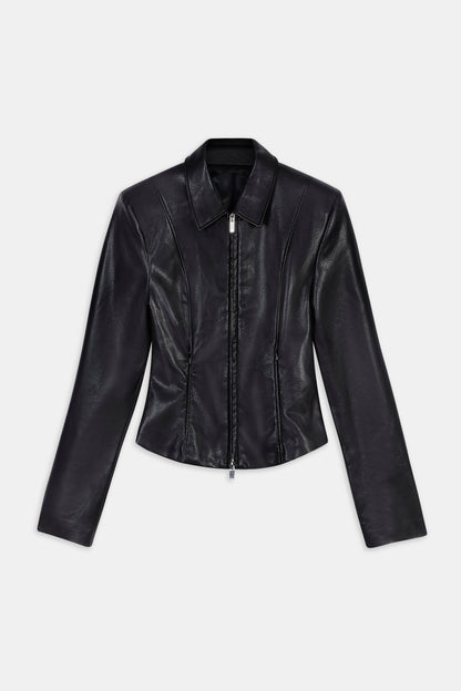 90's Slim Fit Leather Jacket - Black
