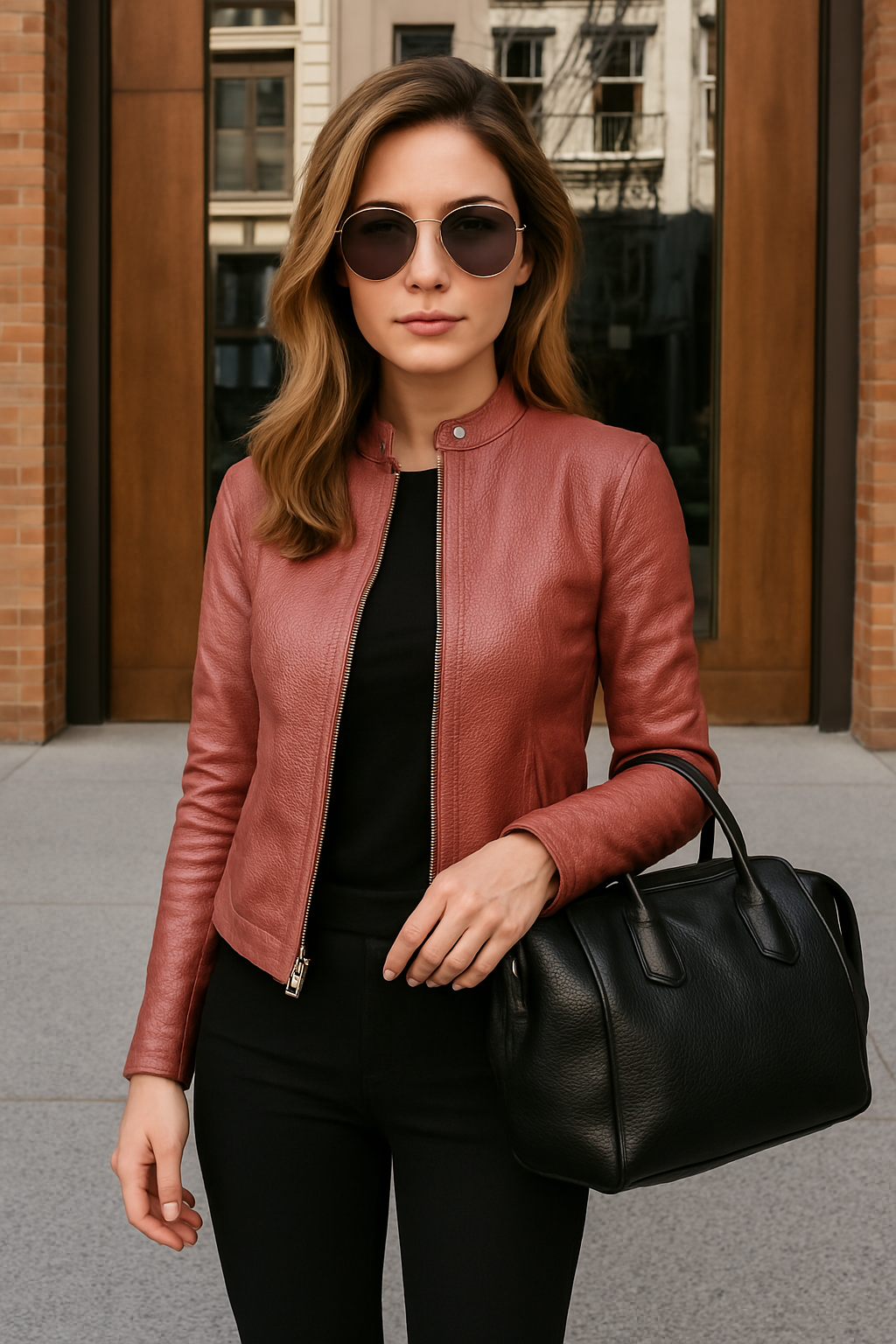 Women's Leather Jacket Slim Fit Zip-Up Long Sleeve Mandarin Collar