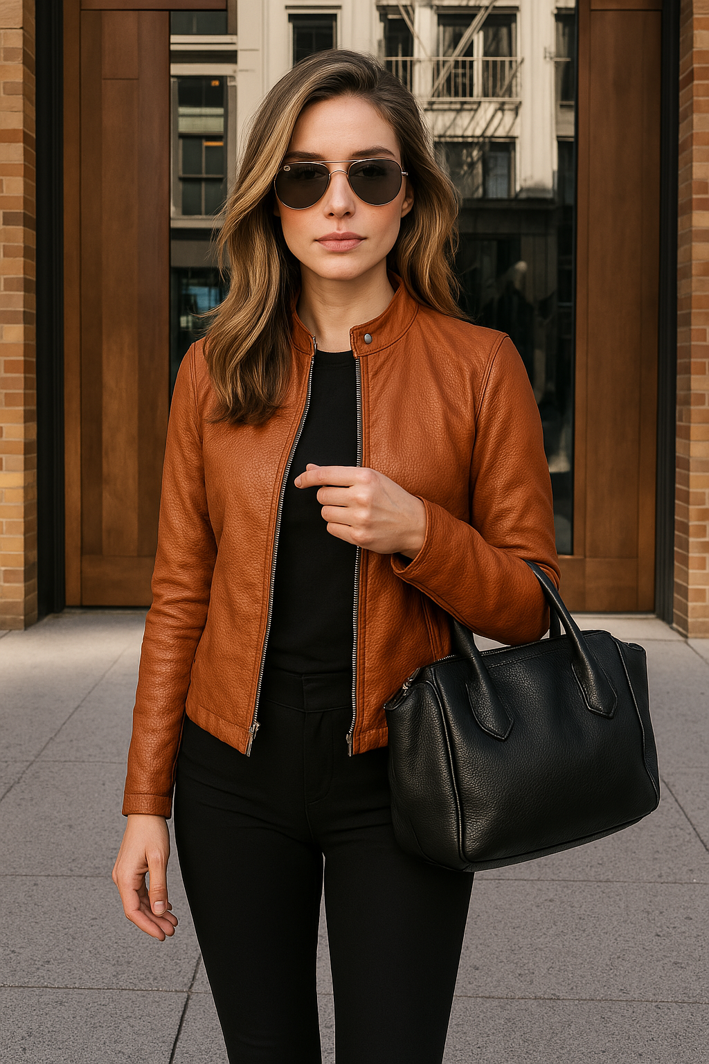 Women's Leather Jacket Slim Fit Zip-Up Long Sleeve Mandarin Collar
