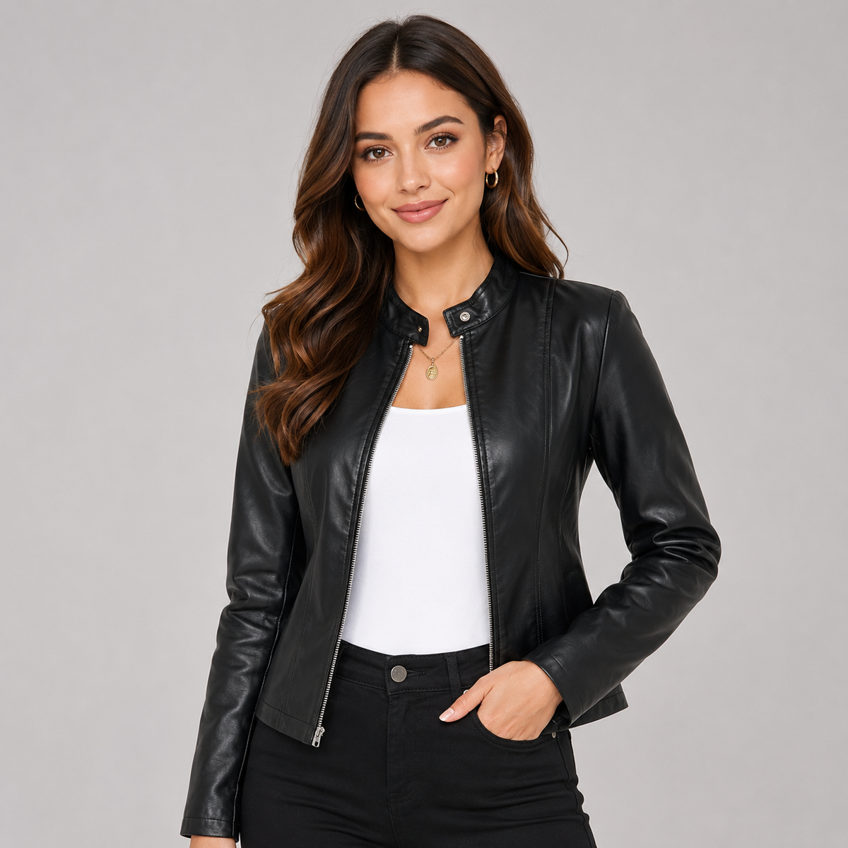 Leren Biker Jas Dames – Getailleerde Imitatieleren Bikerjas met Rits