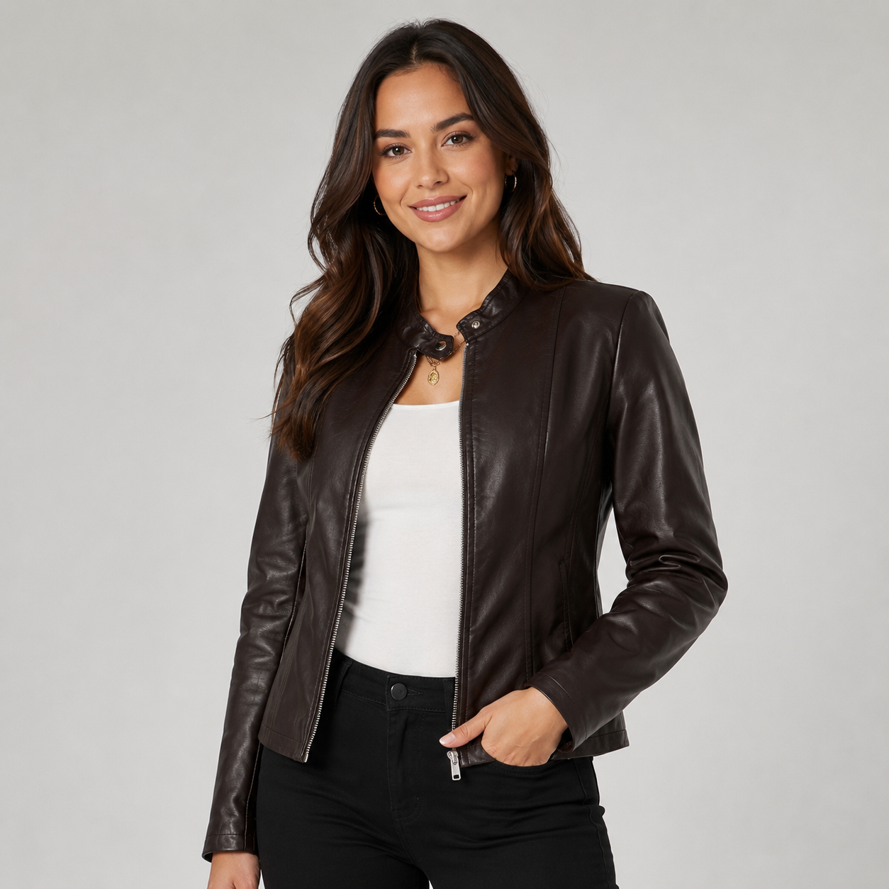 Montarello Women's Faux Leather Biker Jacket with Zip Front