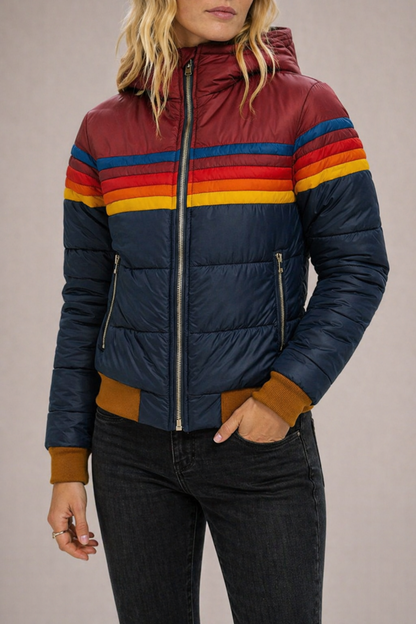 Gewatteerde Jas Dames Retro – Doorgestikte Jas met Rits & Streepdetail