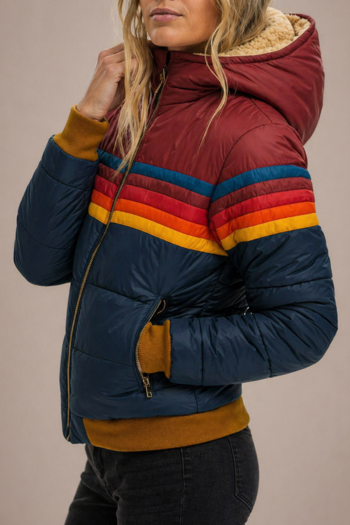 Gewatteerde Jas Dames Retro – Doorgestikte Jas met Rits & Streepdetail