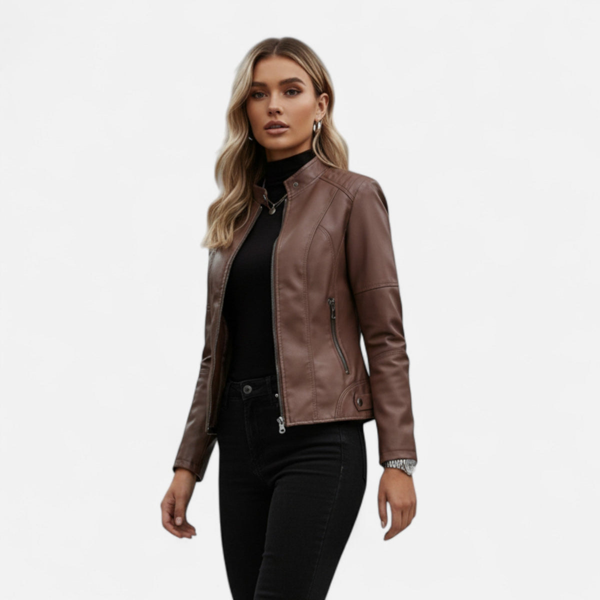Leren Jas Dames Kort – Cropped Imitatieleren Bikerjas met Rits