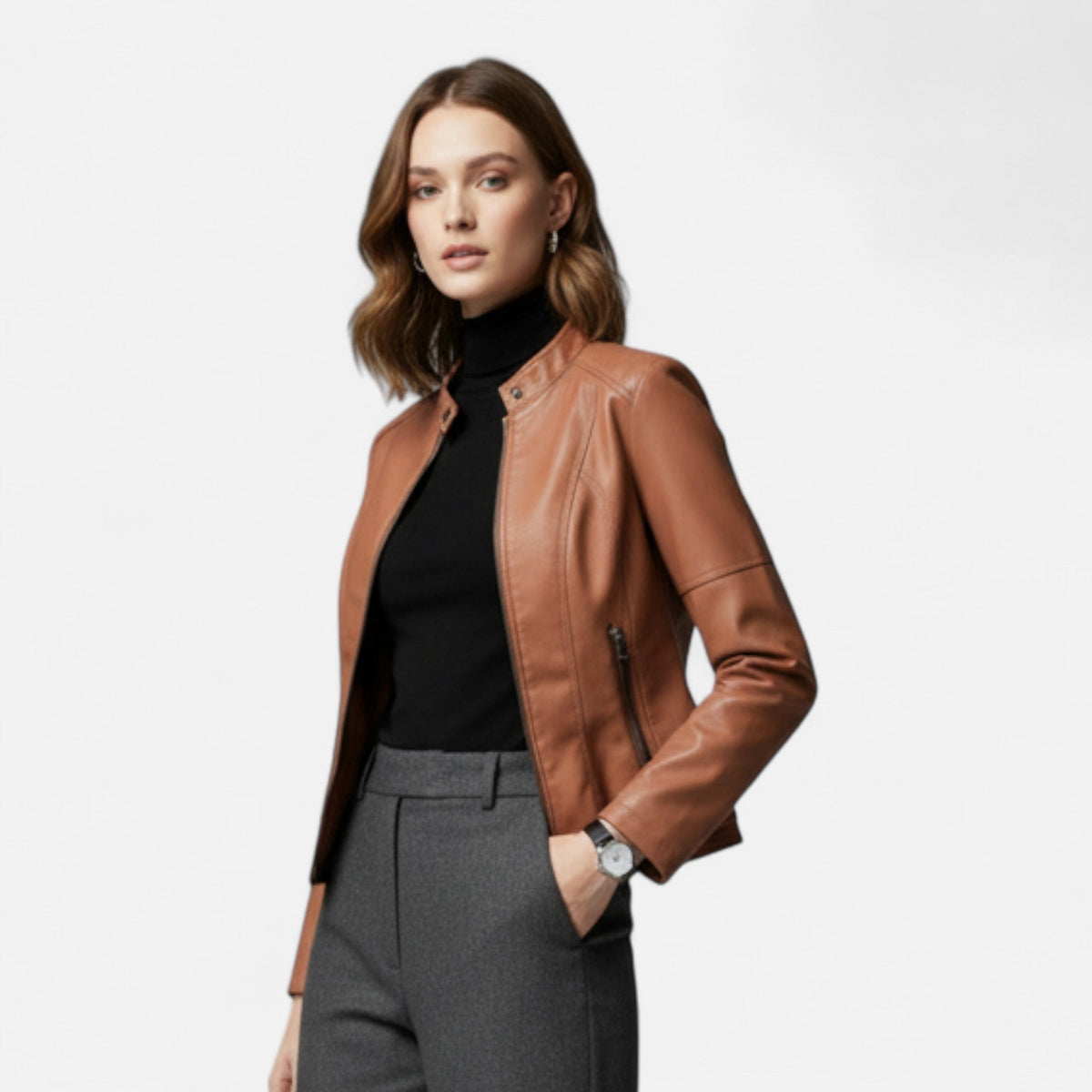 Leren Jas Dames Kort – Cropped Imitatieleren Bikerjas met Rits