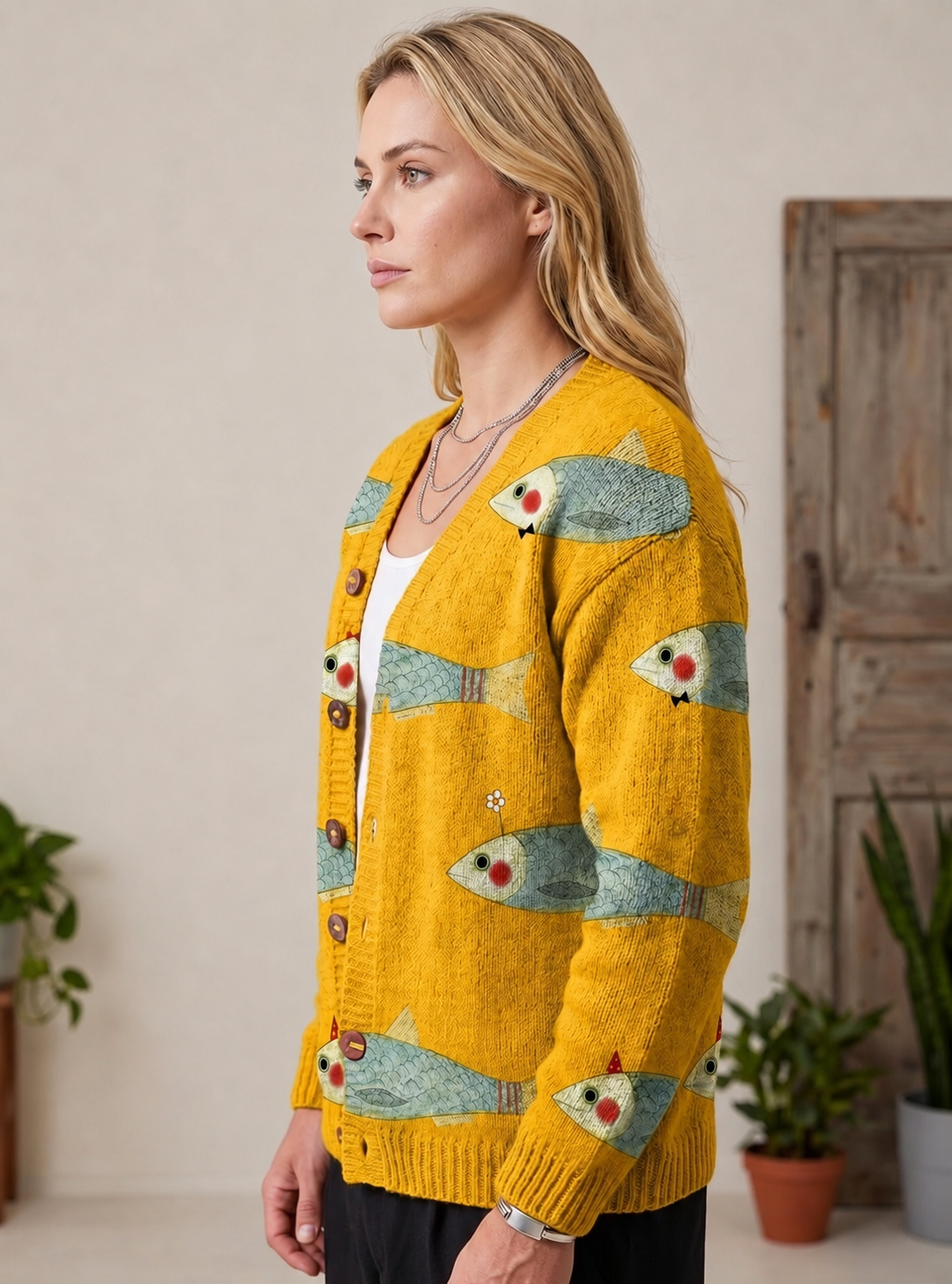 Vest Dames met Print – Gebreide Cardigan met Knopen
