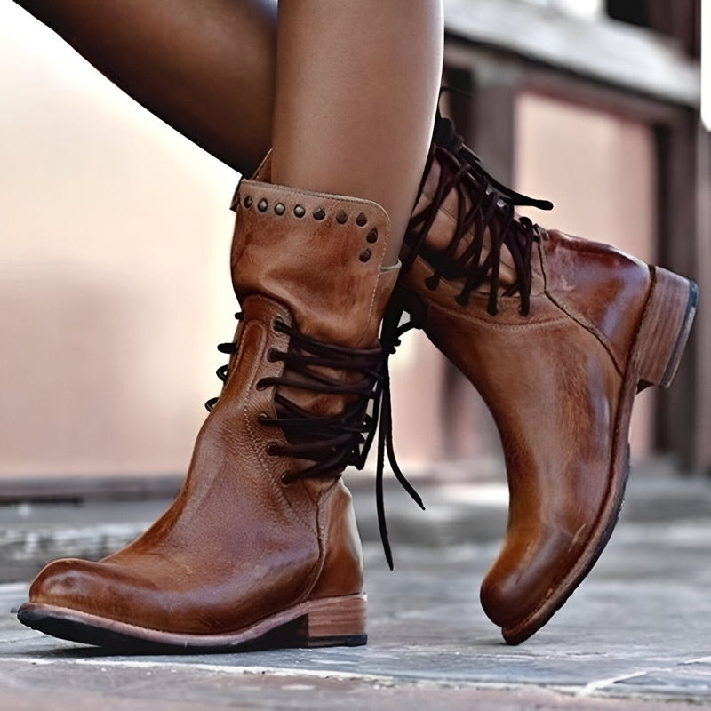 Comfortabele Enkellaarsjes Dames – Leren Veterlaarzen met Steunzool & Schokdemping