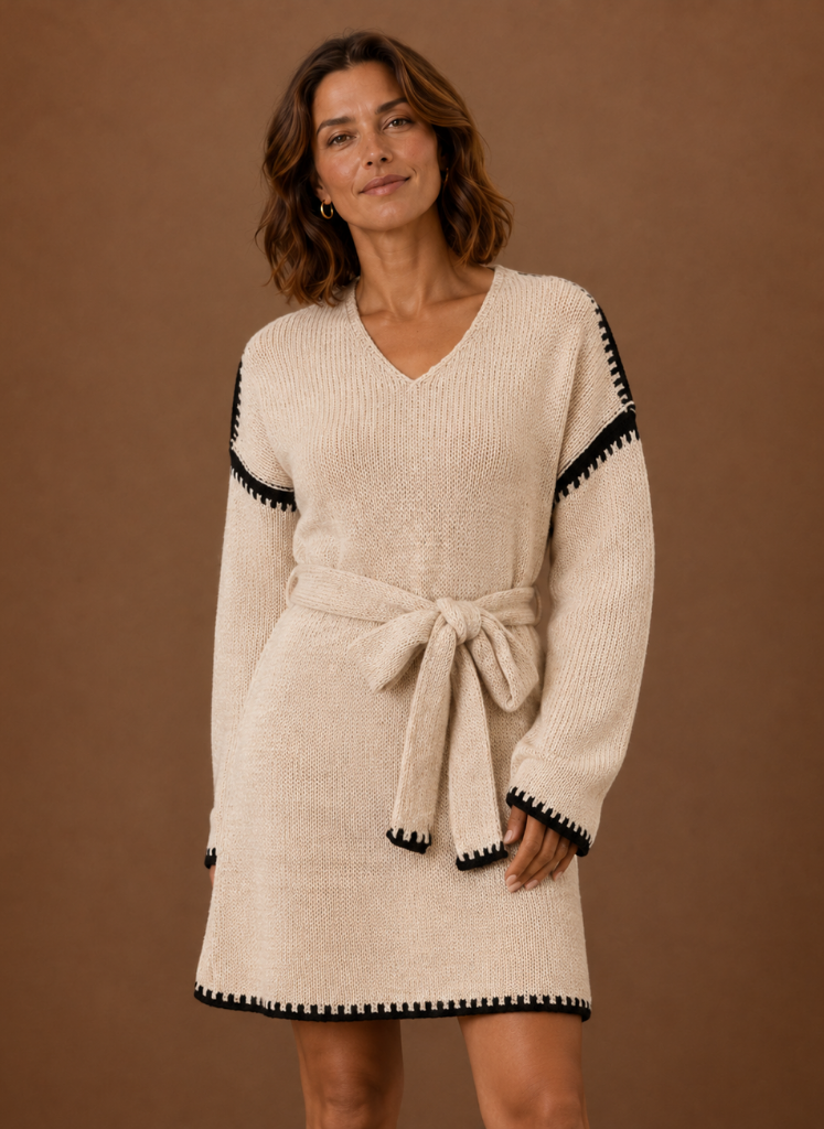 Gebreide jurk dames met V-hals en taillriem
