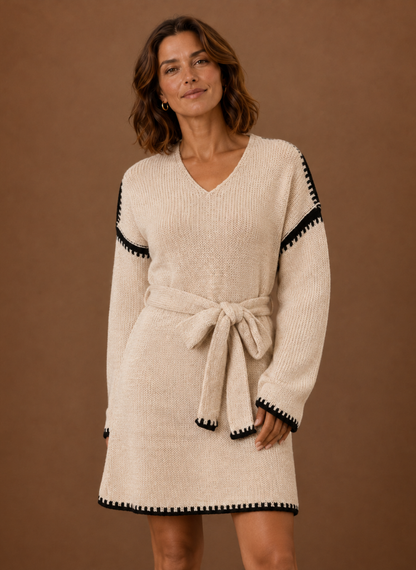 Gebreide jurk dames met V-hals en taillriem
