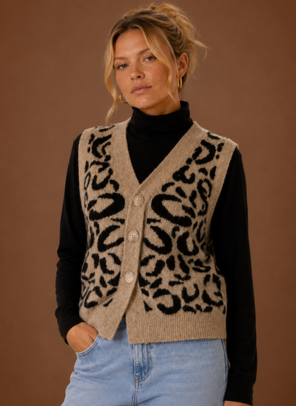 Mouwloos gebreid vest dames met luipaardprint