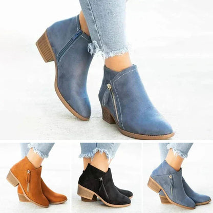 Suede Side Zip Block Heel Casual Ankle Boot