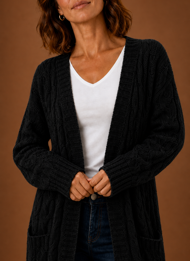 Lang grofgebreid vest dames met capuchon – afbeelding 8