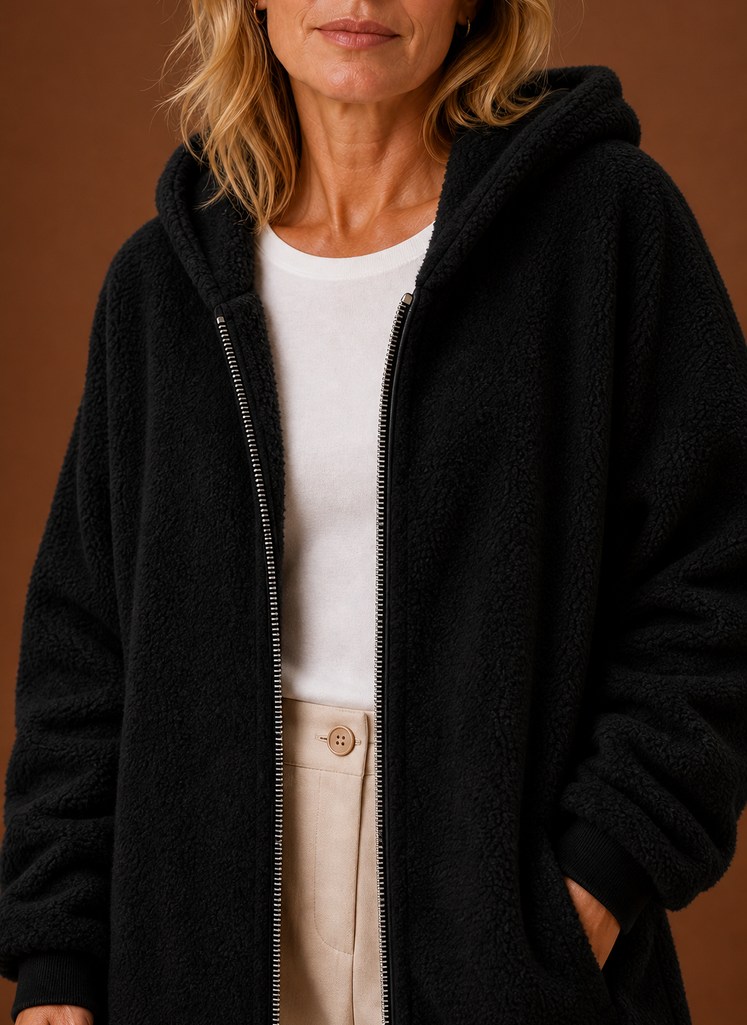 Lange fleece jas dames met capuchon – afbeelding 4