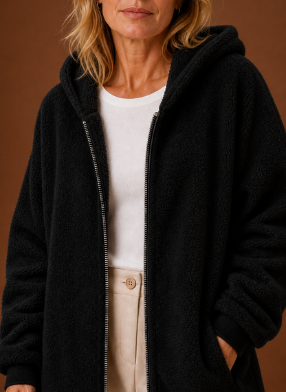 Lange fleece jas dames met capuchon – afbeelding 4
