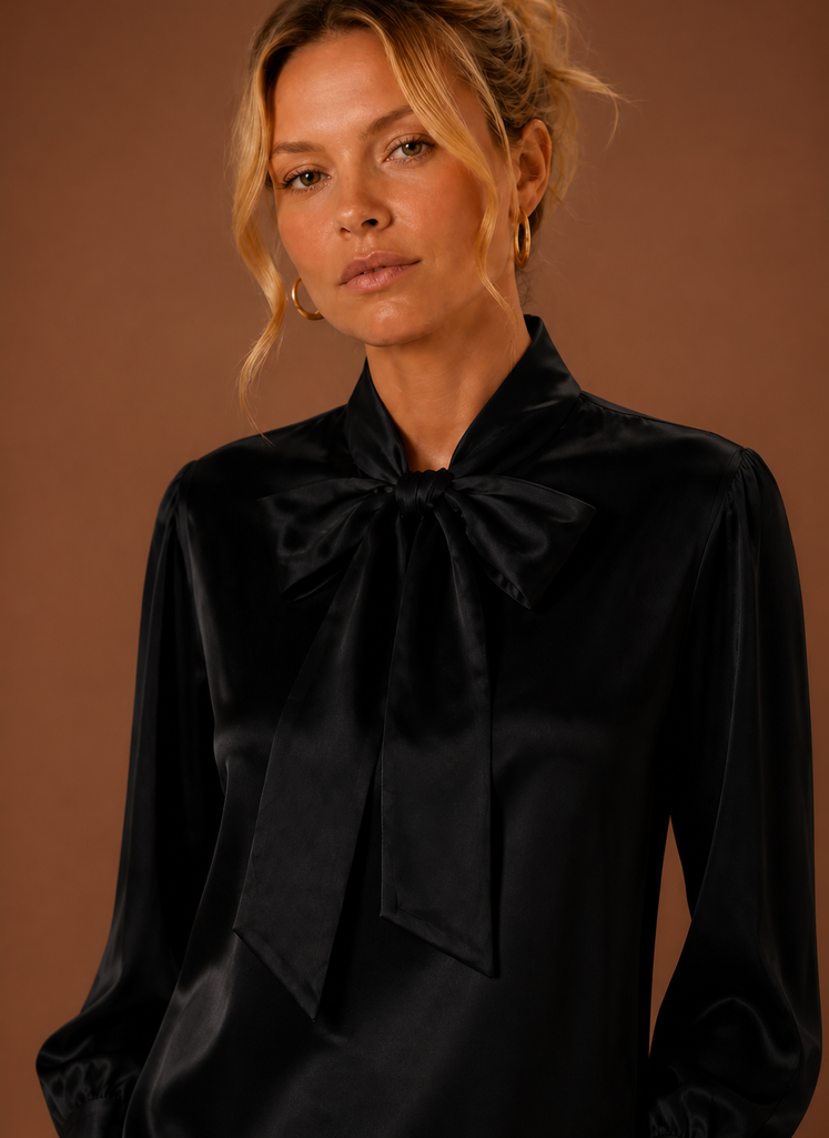 Blouse dames satijnlook met strik – afbeelding 10
