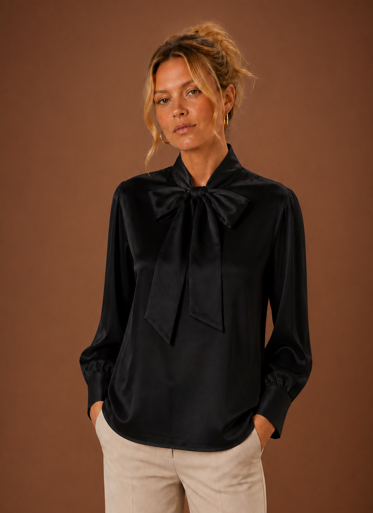 Blouse dames satijnlook met strik – afbeelding 9
