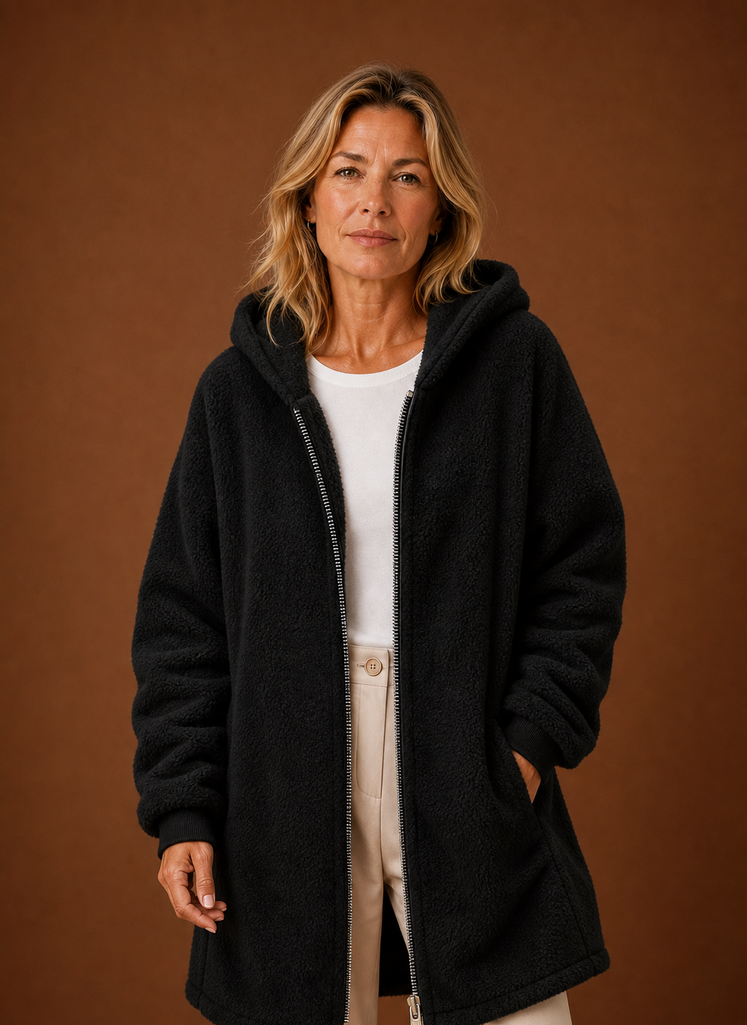 Lange fleece jas dames met capuchon en rits