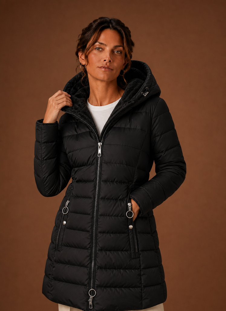 Lange pufferjas dames met capuchon en imitatiebont
