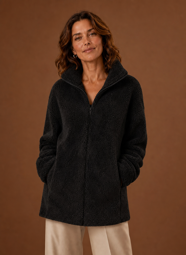 Fleece sherpa jas dames met rits en hoge kraag